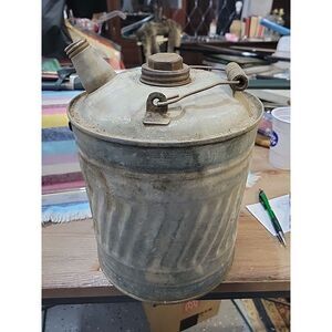 Large Vintage J & L Ware Galvanized Metal Gas Oil Kerosene Fuel Can Wood Handle